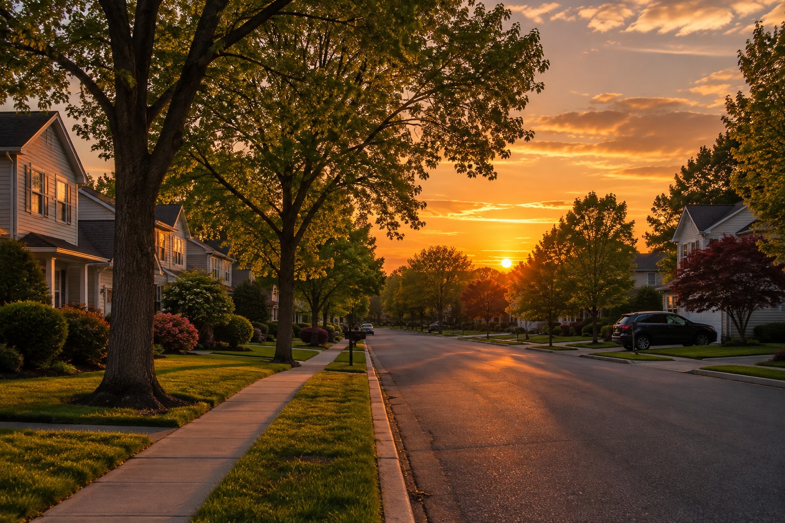 A New Jersey street at sunset, illustrative